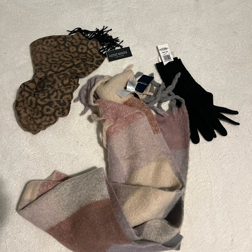 2 scarves, 1 set black gloves